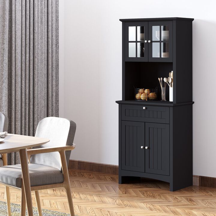 Elegant Buffet with Hutch, Kitchen Pantry Storage Cabinet with Framed Glass Door Drawer and Microwave Space, Black