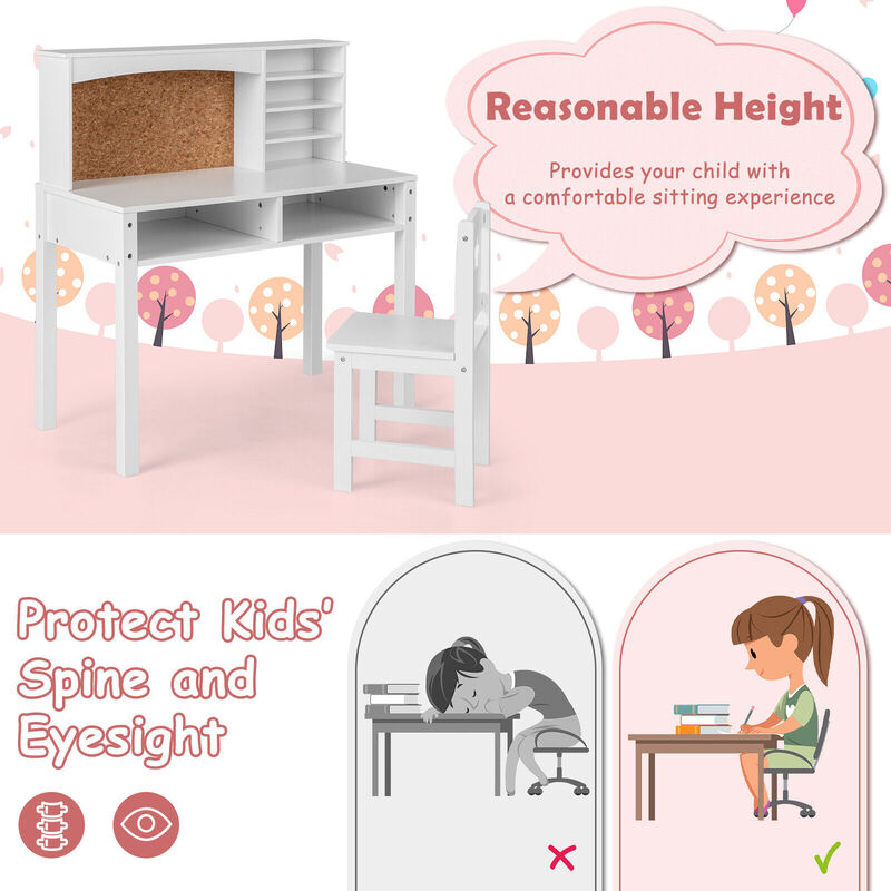 Kids Desk and Chair Set with Hutch and Bulletin Board for 3+ Kids