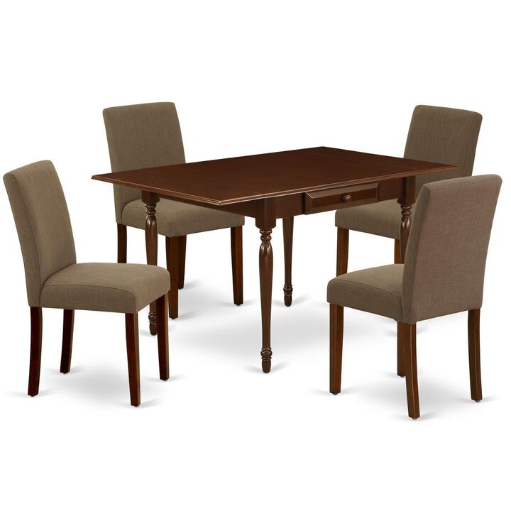 1MZAB5-MAH-18 5Pc Modern Dining Table Set Includes a Wood Dining Table and 4 Parson Chairs with Coffee Color Linen Fabric, Drop Leaf Table with Full Back Chairs, Mahogany Finish