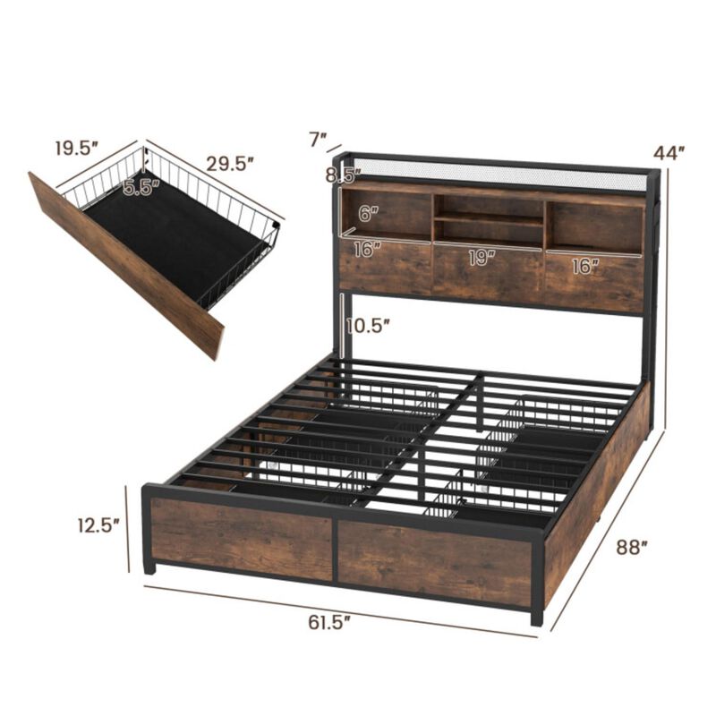 Hivvago Full/Queen Size Bed Frame with Bookcase Headboard and 4 Storage Drawers
