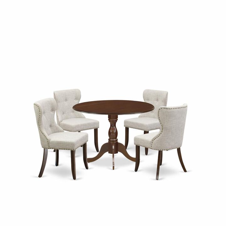 East West Furniture DMSI5-MAH-35 5 Piece Kitchen Dining Table Set - Mahogany Small Dining Table and 4 Doeskin Linen Fabric Dining Chairs Button Tufted Back with Nail Heads - Mahogany Finish