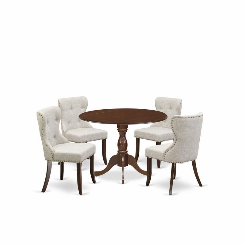 East West Furniture DMSI5-MAH-35 5 Piece Kitchen Dining Table Set - Mahogany Small Dining Table and 4 Doeskin Linen Fabric Dining Chairs Button Tufted Back with Nail Heads - Mahogany Finish