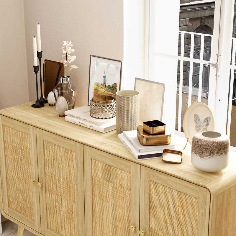 FUFU&GAGA Rattan Wardrobe, Modern Closet with 4 Doors, Gold Handles & Solid Wood Legs, Bedroom Storage Cabinet for Clothes & Accessories (55.1" W x 32.1" H x 13.9" D), Natural Wood