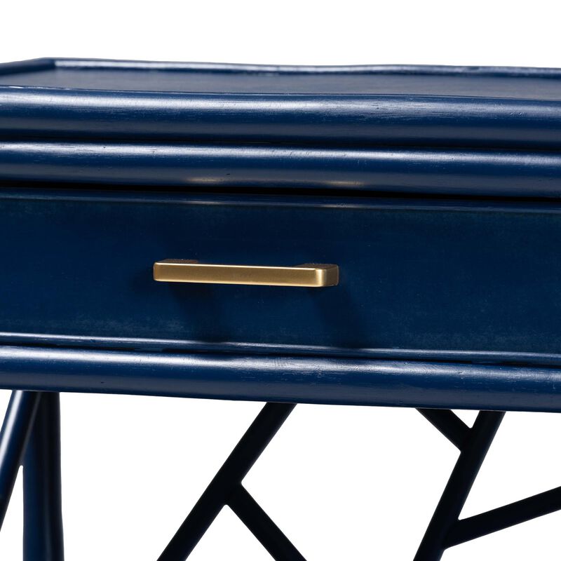 bali & pari Daina Natural Rattan Nightstand with Drawer and Open Shelves– Coastal Bedside Table with Geometric Design, Blue