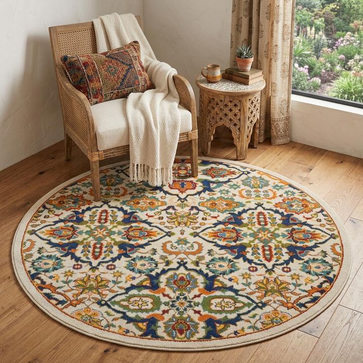 HomeRoots Round Floral Power Loom Area Rug