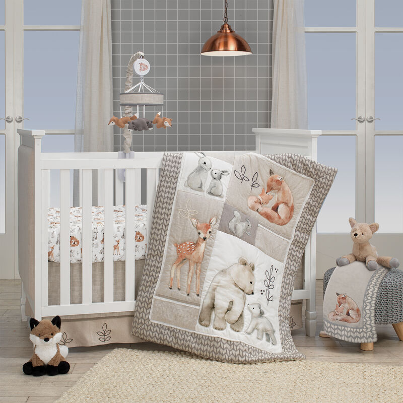 Lambs & Ivy Painted Forest Gray/Beige Fox and Bear Baby Crib Musical Mobile