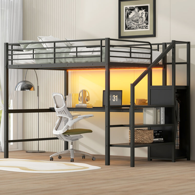 Merax Metal Loft Bed with Desk, Storage Staircase, Small Wardrobe and LED Light,Black