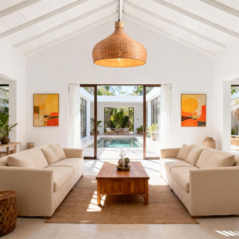 17.7" Boho Handwoven Bamboo Light Brown Dome Pendant Light for Living Room, Dining Room and Kitchen Island