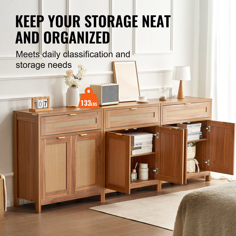 Set of 3 Rattan Buffet Cabinets with 6 Doors and Adjustable Shelves for Home Storage