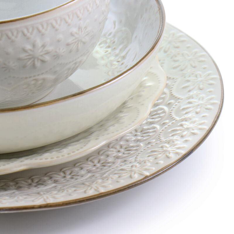 Elama Countess 16 Piece Embossed Double Bowl Stoneware Dinnerware Set in Ivory