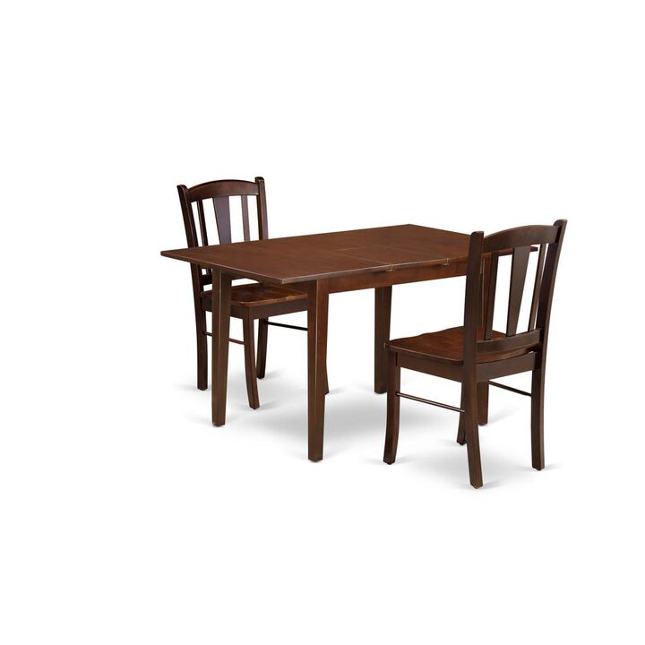 NFDL3-MAH-W - 3-Pc Dining Room Table Set- 2 Dining Chair with Wooden Seat and Slatted Chair Back - Butterfly Leaf Modern Kitchen Table - Mahogany Finish