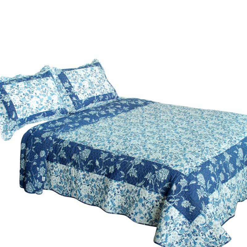 Queen Size Cotton 3-Piece Vermicelli Quilted Printed Quilt Set with Matching Shams - Blue image number 1