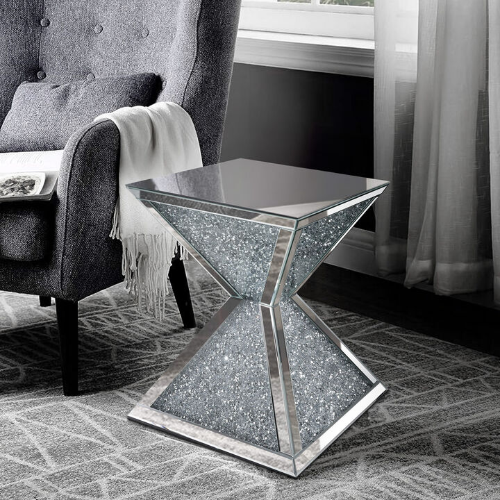 Sparkling End Table with Faux Diamonds Inlay , Silver and Clear-Benzara