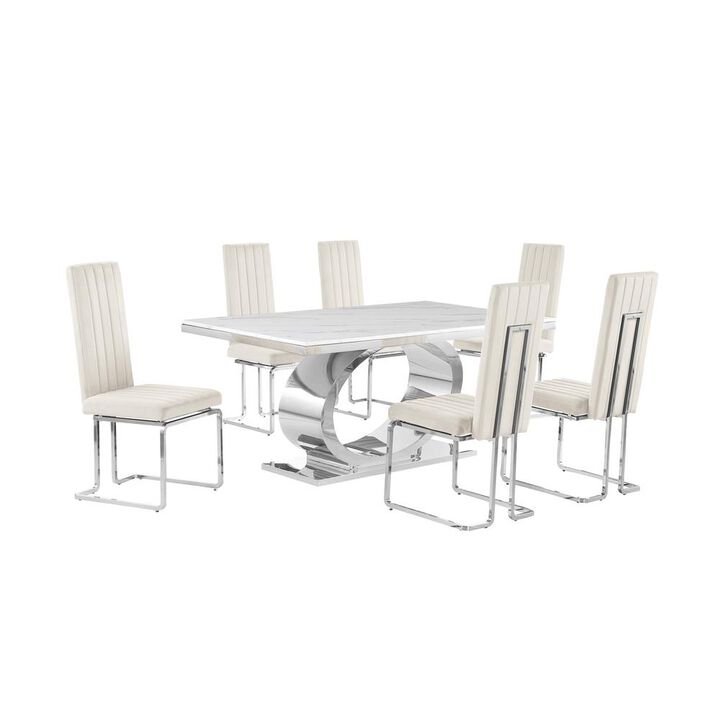 7pc Small(68") marble top dining set with silver base and 6 Cream side chairs