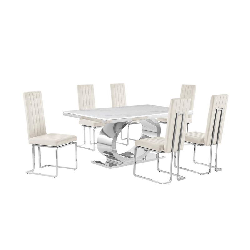 7pc Small(68") marble top dining set with silver base and 6 Cream side chairs