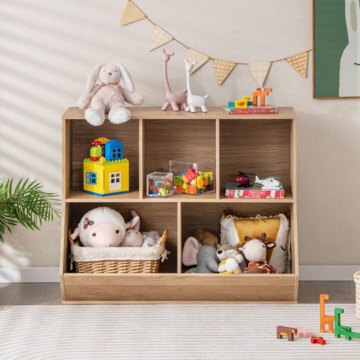Hivvago 5-Cube Wooden Kids Toy Storage Organizer with Anti-Tipping Kits-Natural