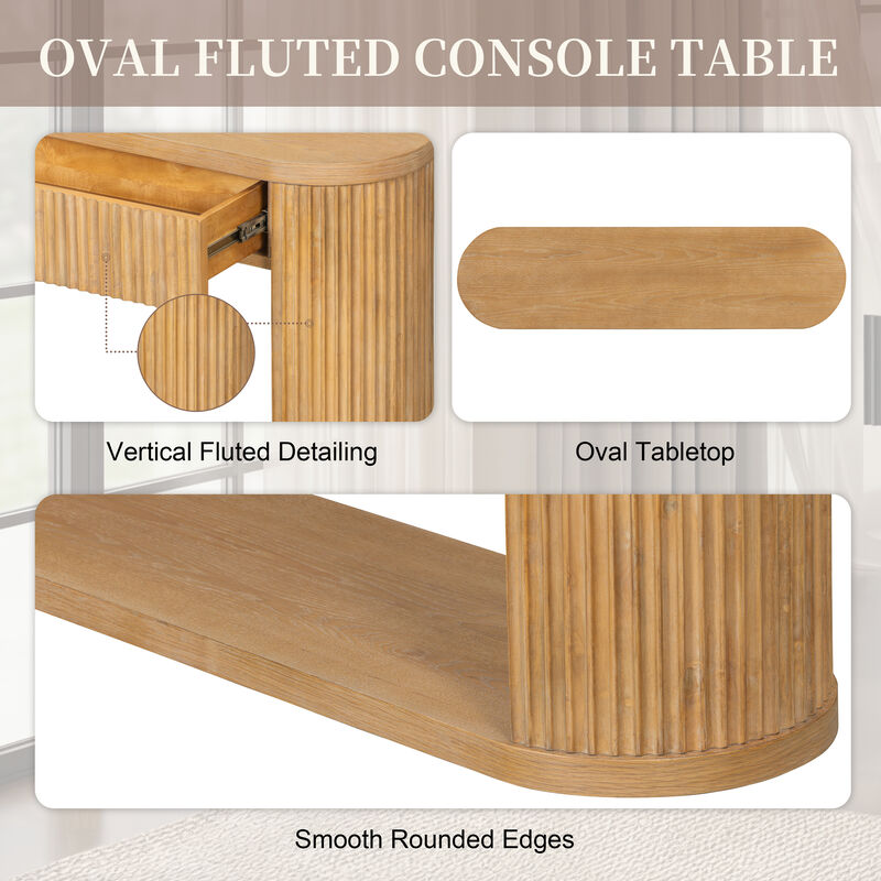 Merax Oval Fluted Rubber Wood Console Table with 2 Drawers & Open Bottom Shelf image number 3