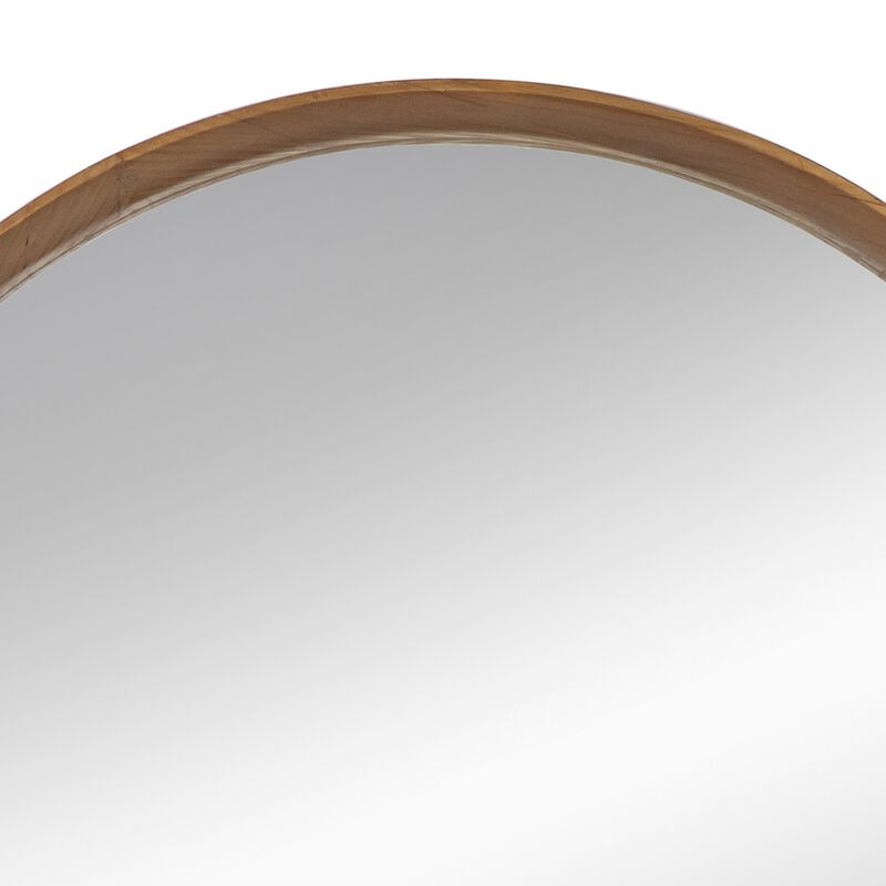 Roe 32 Inch Wall Mounted Round Mirror, Modern Brown Pine Wood Frame - Benzara
