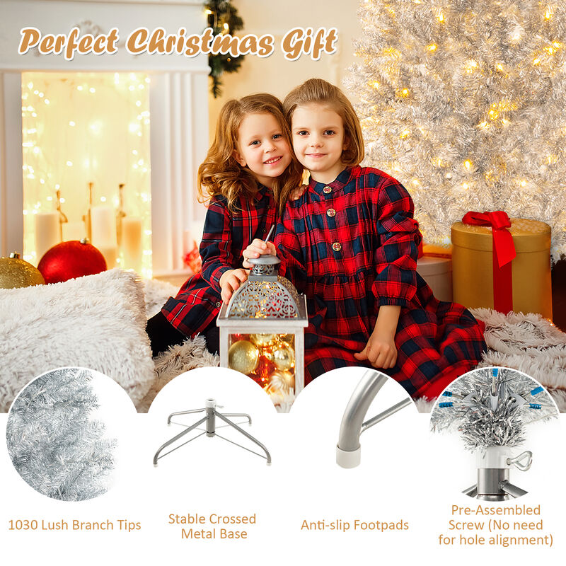 Pre-Lit Artificial Silver Tinsel Christmas Tree for Sparkling Holiday D&eacute;cor with Bright LED Lights