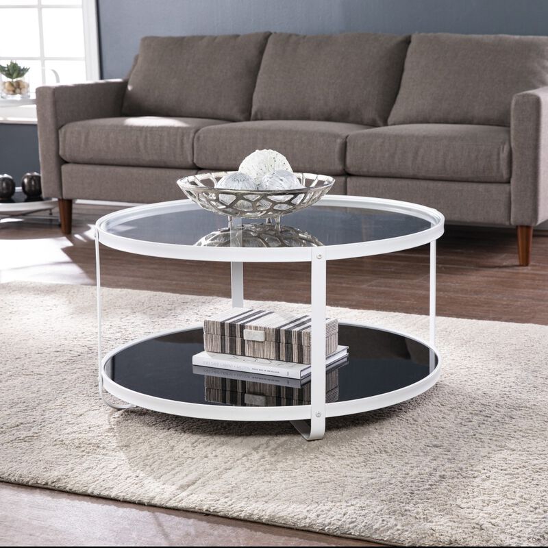 Hivvago 32 Inch  White Glass And Metal Two Tier Round Coffee Table