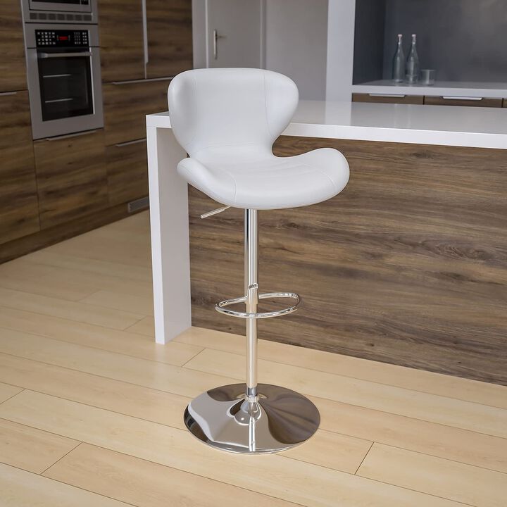 Flash Furniture Contemporary White Vinyl Adjustable Height Barstool with Curved Back and Chrome Base