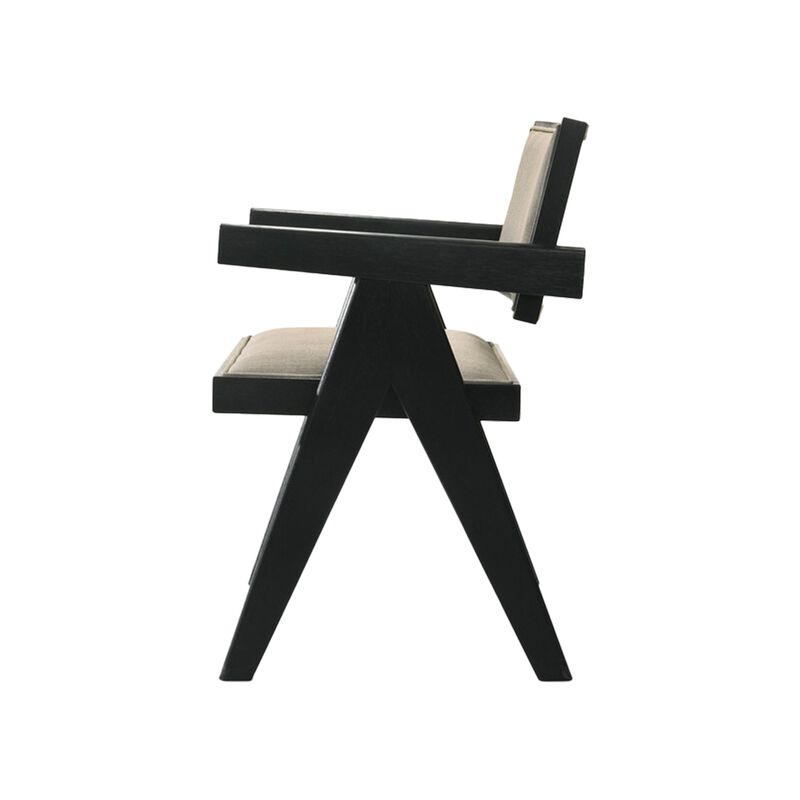 Bili 7pc Round Dining Table and 6 Armchairs Set, Open Back, Beige, Black - Benzara