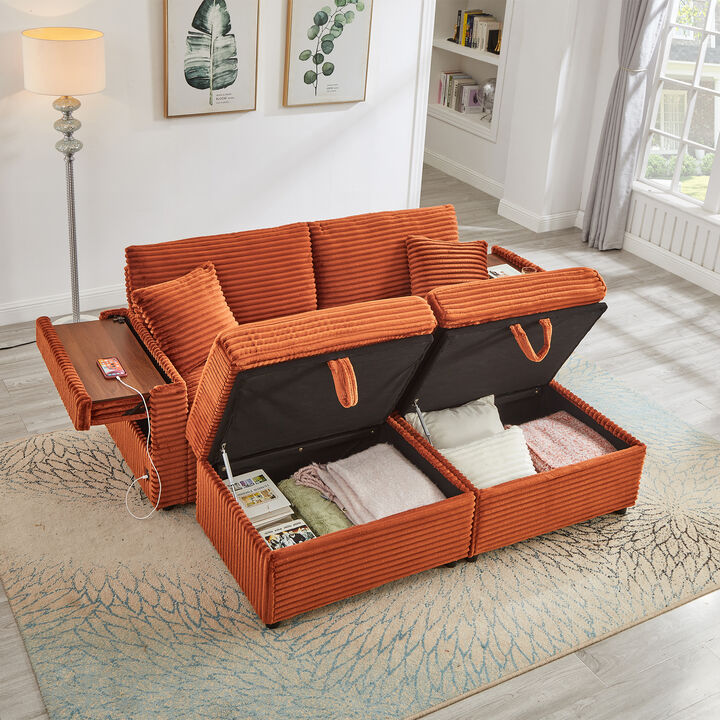 Corduroy Lazy Sofa, Storage Space for Big Loveseat, Super Soft Chaise Lounge with Double Ottomans and Table Board