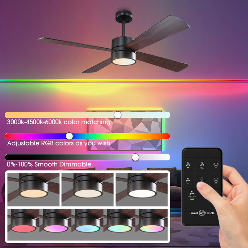 52 in. Smart Matte Black Reversible Blades Ceiling Fan with RGB Light and APP Control & Remote