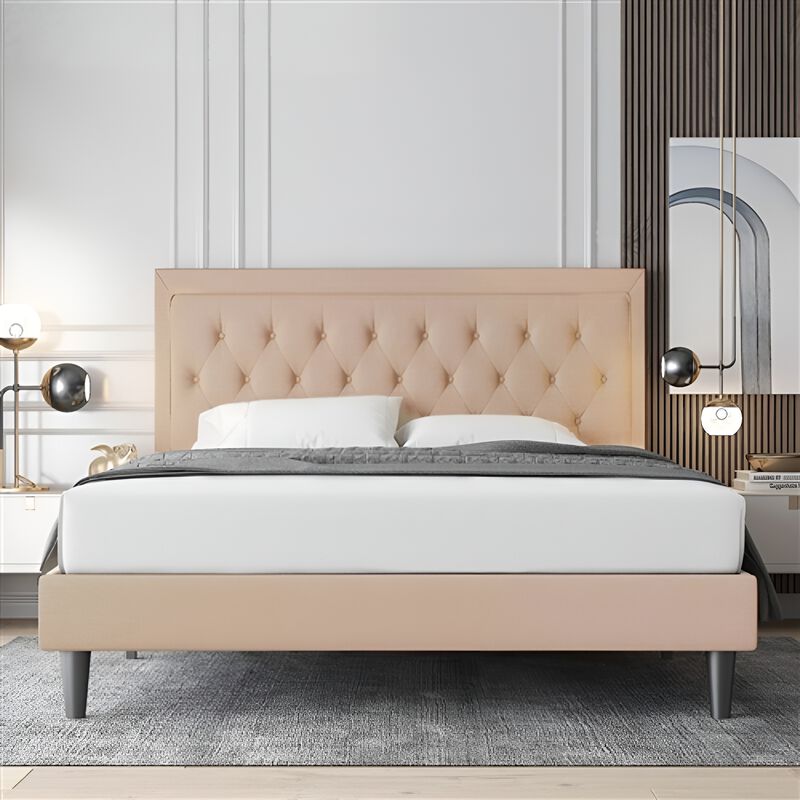 Linen Platform Bed Frame with Button Tufted Headboard