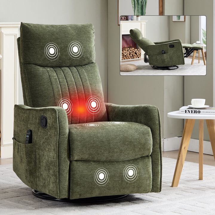 Chenille Manual Recliner Chair with Heat and Massage, Living Room Rocker and Swivel Chair