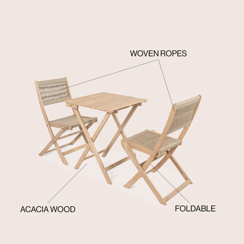 Javea Modern Coastal 3-Piece Acacia Wood Outdoor Folding Bistro Set, Cream/Light Teak