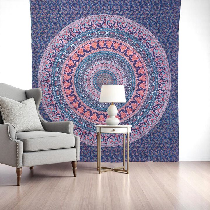 HomeRoots 92" X 84" Green Blue And Orange Mandala Cotton Hanging Tapestry