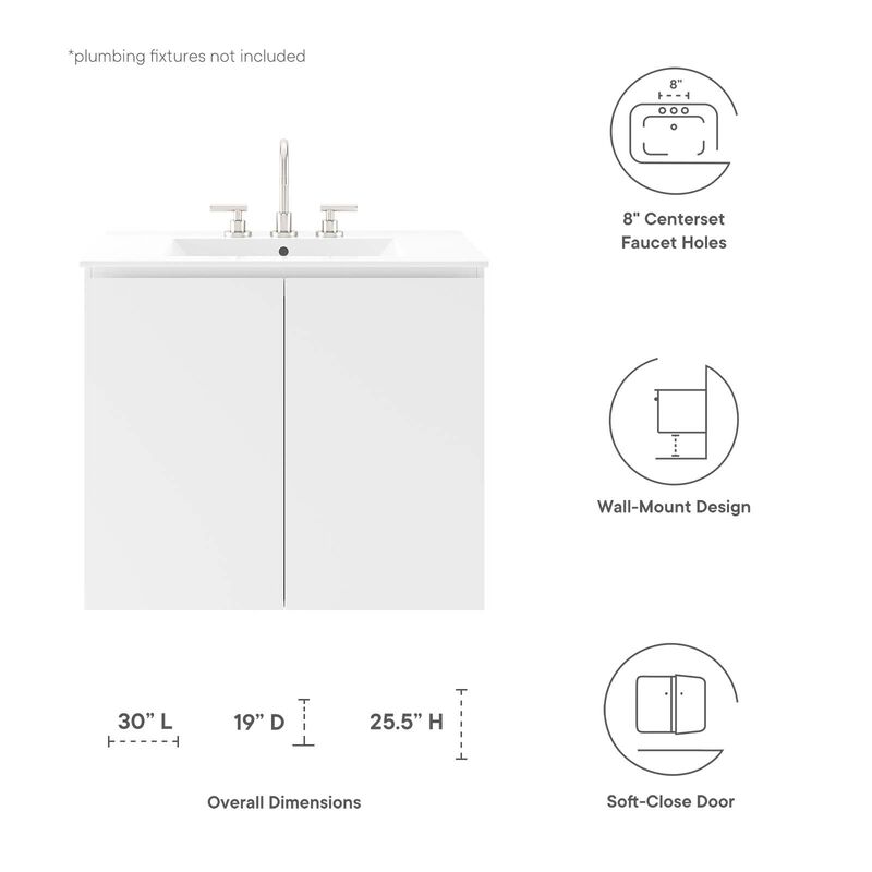 Modway Bryn 30" Modern Wood/Ceramic Wall-Mount Bathroom Vanity in White image number 7