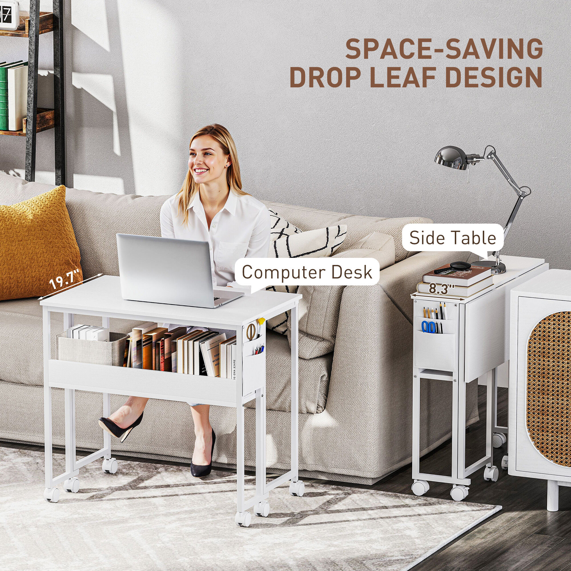 Folding Computer Desk with Storage and Wheels