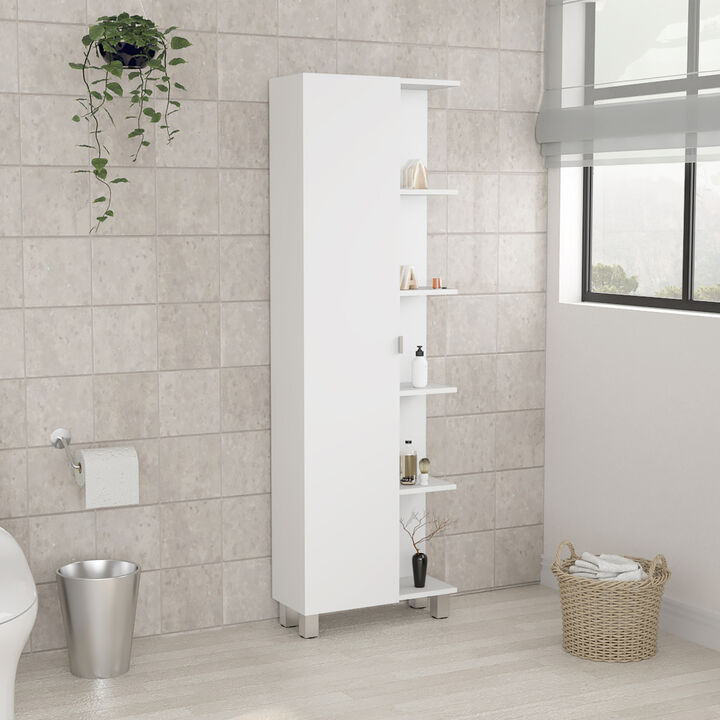 Urano Corner Linen Cabinet, Five External Shelves, Single Door, Four Interior Shelves -White