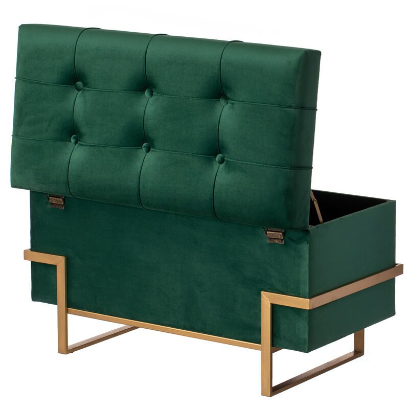 Rectangle Velvet Storage Ottoman Stool Box with Abstract Golden Legs | Decorative Sitting Bench for Living Room Home Decor with Unique Base Support (Green Large)