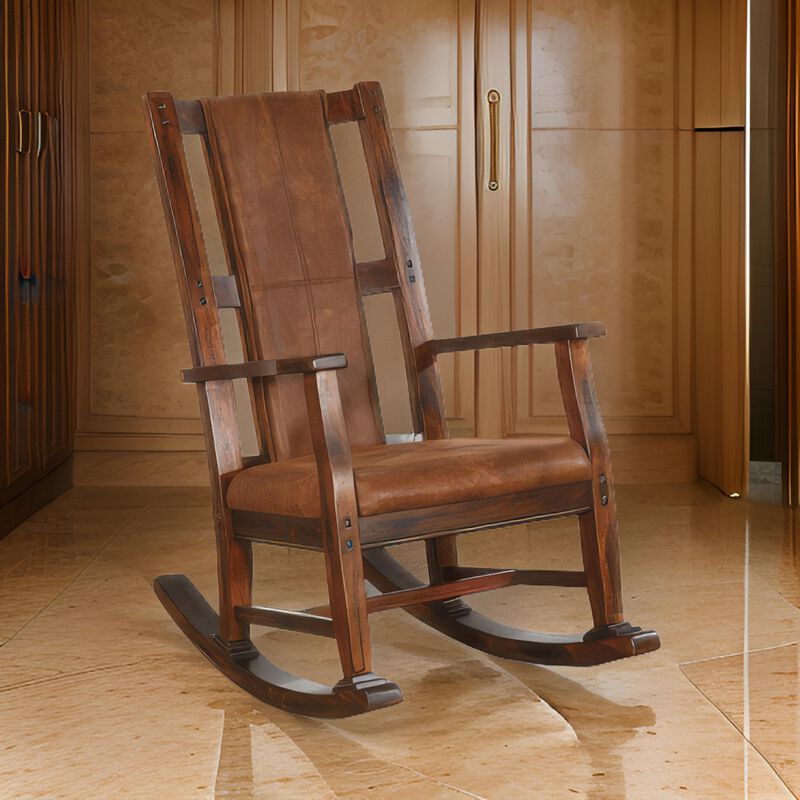 Odel Rocking Chair, Faux Leather Seat and Back, Dark Chocolate Brown - Benzara
