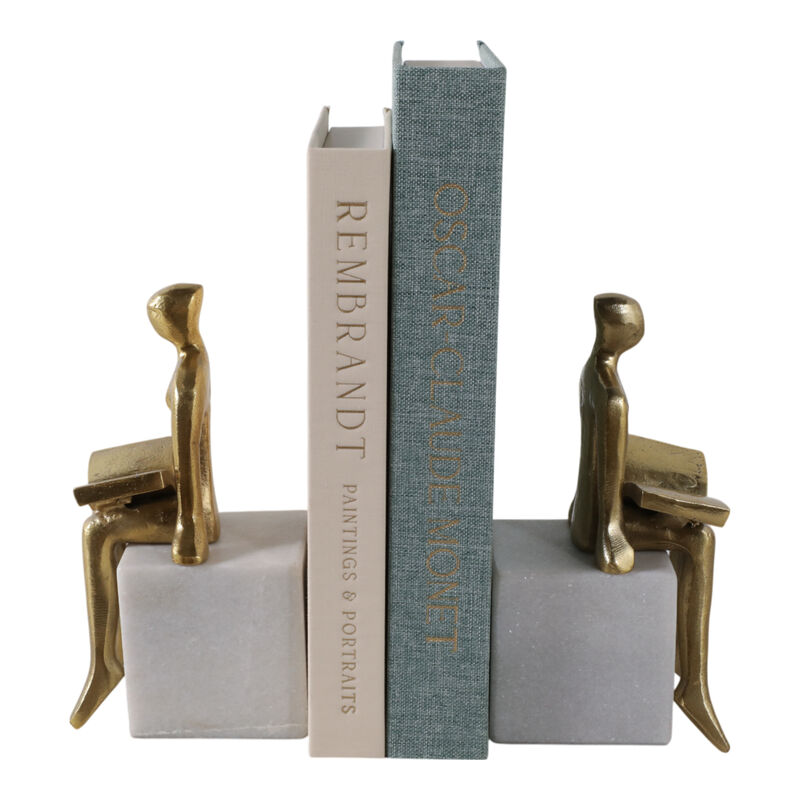 S/2 8" Reading On Marble Stand Bookends, Gold/whit image number 1