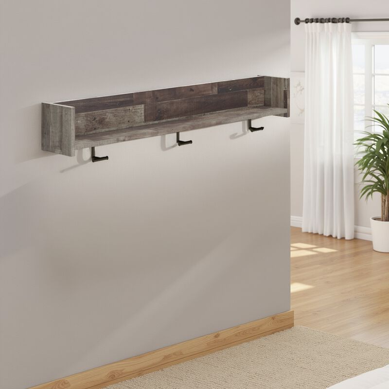 Elis Wall Mounted Coat Rack with 3 Hooks and Shelf, Butcher Block Gray - Benzara