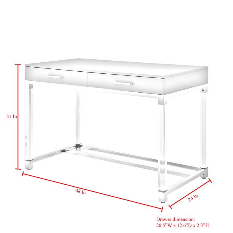 Inspired Home Kalel High Gloss 2 Drawers Writing Desk with Acrylic Legs and Stainless Steel Base