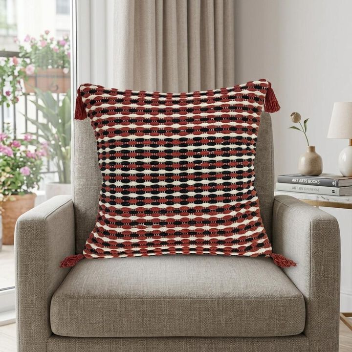 HomeRoots 20" Red and Black Cotton Throw Pillow with Tassels