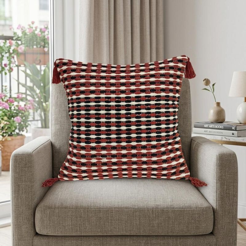 HomeRoots 20" Red and Black Cotton Throw Pillow with Tassels image number 1