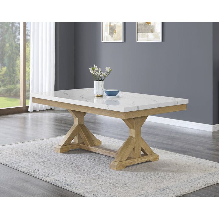 Best Quality Furniture Faux Marble Top Dining Table With Rustic Beige Wood Base