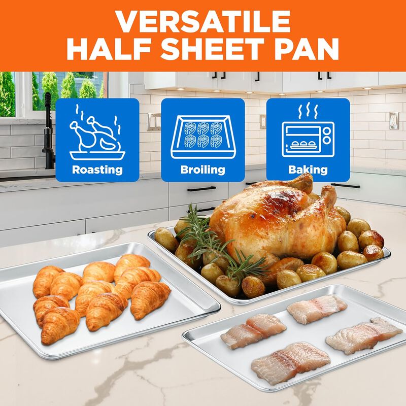 Baking Pan Set - Small, Medium, and Large Aluminum Cookie Sheet Pan (9x13, 10.5x15, 13x18), PFOA, PFOS, PTFE Free, Recipe Booklet Included, Oven Safe, Resist Heat Up To 500&deg;F, Set of 3