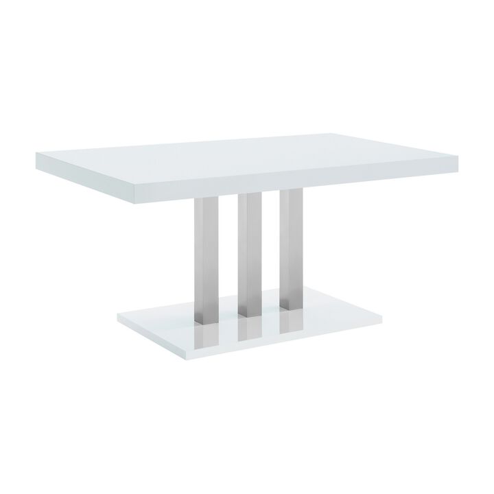 63 Inch Dining Table, White High Gloss Top, Trio Legs, Chrome Pedestal Base - Benzara