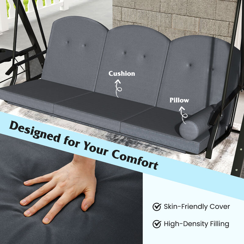 3-Person Patio Swing Chair with Canopy, Pillow and Foldable Side Trays image number 5