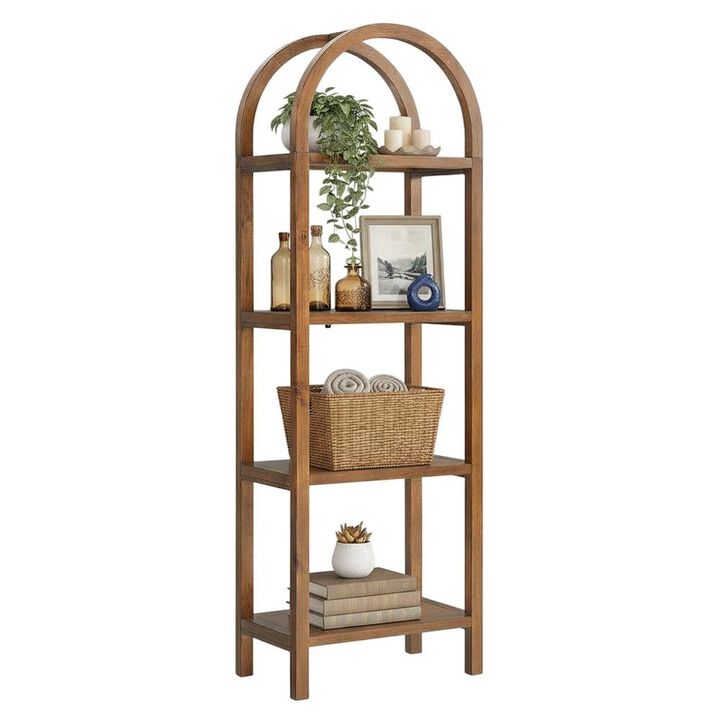 Tall brown arched bookshelf with engineered wood frame for stylish storage