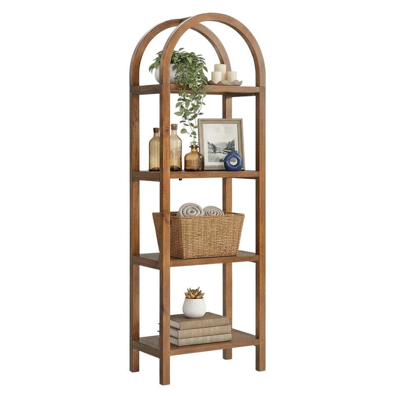 Tall brown arched bookshelf with engineered wood frame for stylish storage image number 1