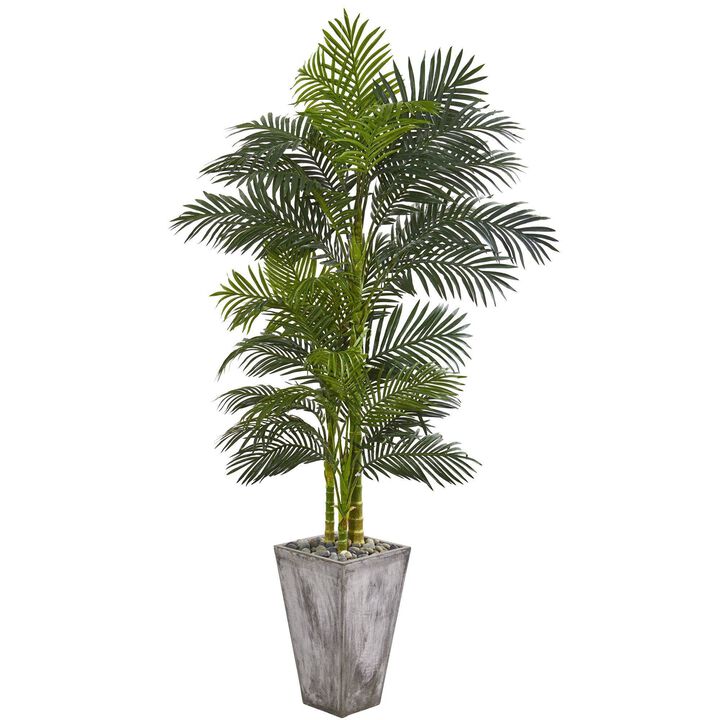 Nearly Natural 7-ft Golden Cane Artificial Palm Tree in Cement Planter