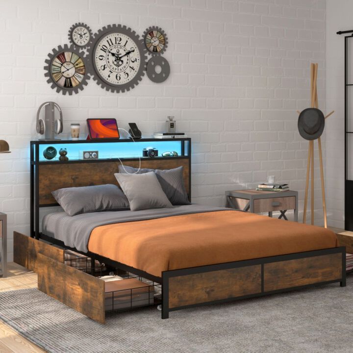 Full/Queen Size Bed Frame with Smart LED Lights and Storage Drawers